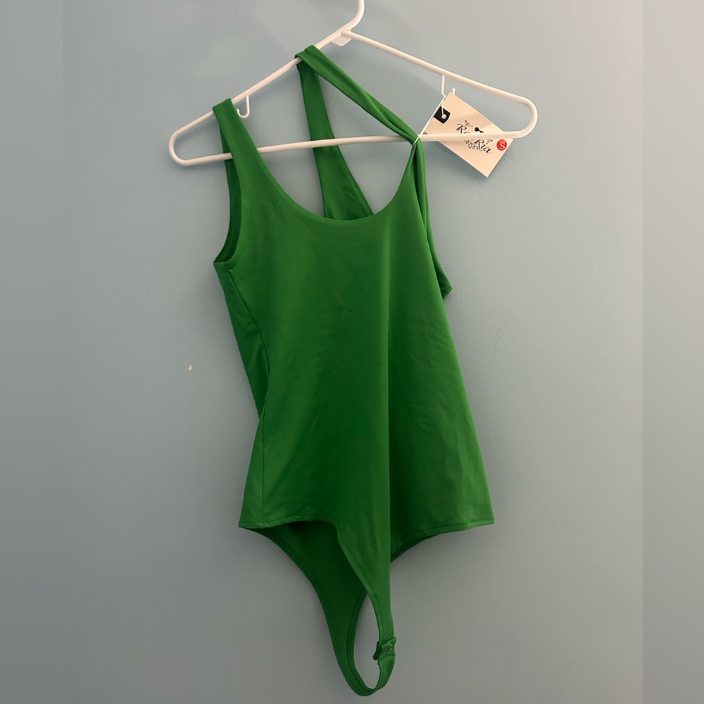 small green body suit with 2 straps on one shoulder